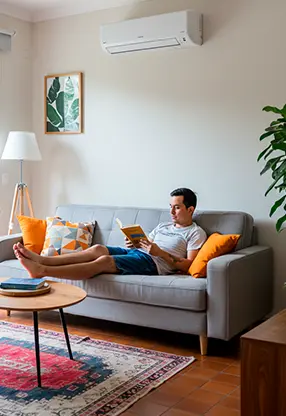 Hombre joven leyendo en un sofá dentro de una sala moderna con aire acondicionado tipo split de 12,000 BTU encendido. El ambiente es luminoso y acogedor, con decoración tropical, ventilador de techo y plantas, ideal para ilustrar el consumo energético en una vivienda colombiana.