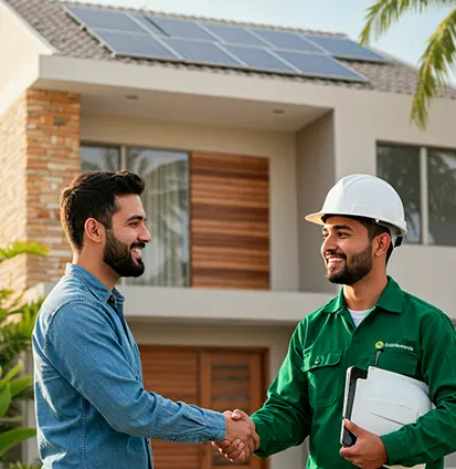 paneles-solares-para-aire-acondicionado-12000-btu Cliente satisfecho estrechando la mano de un técnico en energía solar frente a una casa moderna con paneles solares en el techo. El técnico viste uniforme verde y casco blanco, sosteniendo planos del sistema fotovoltaico. Imagen ideal para ilustrar la instalación residencial de energía solar en zonas urbanas tropicales.