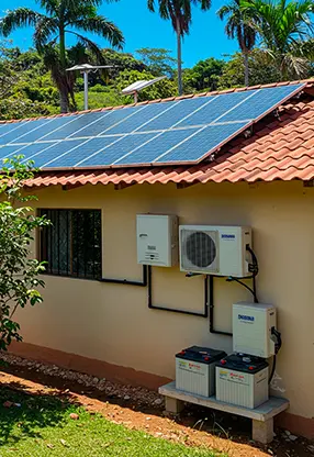 Sistema de paneles solares instalados en el techo de una vivienda rural con baterías e inversor solar conectados, ubicado en una zona tropical con palmas y cielo despejado. Solución de energía solar fotovoltaica autónoma, ideal para casas fuera de la red eléctrica en climas cálidos.